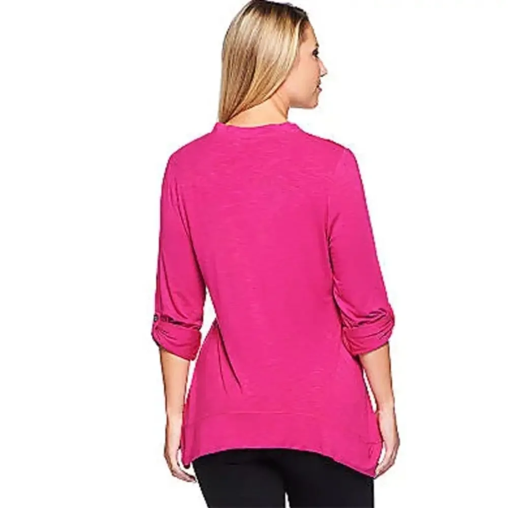Cardigan Logo Lori Goldstein Button Front 3X Dark Pink Roll Tab Asymmetric Hem